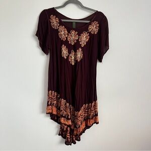 Sunflower Boho Embroidered Brown Orange Sequin Tunic Top Free Size